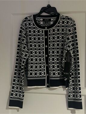 BCBG Black and White Geometric Button-Front Cardigan